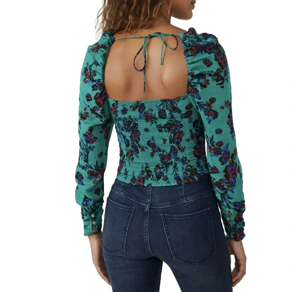 NEW Free People Green Puff Sleeve Ruched Blouse